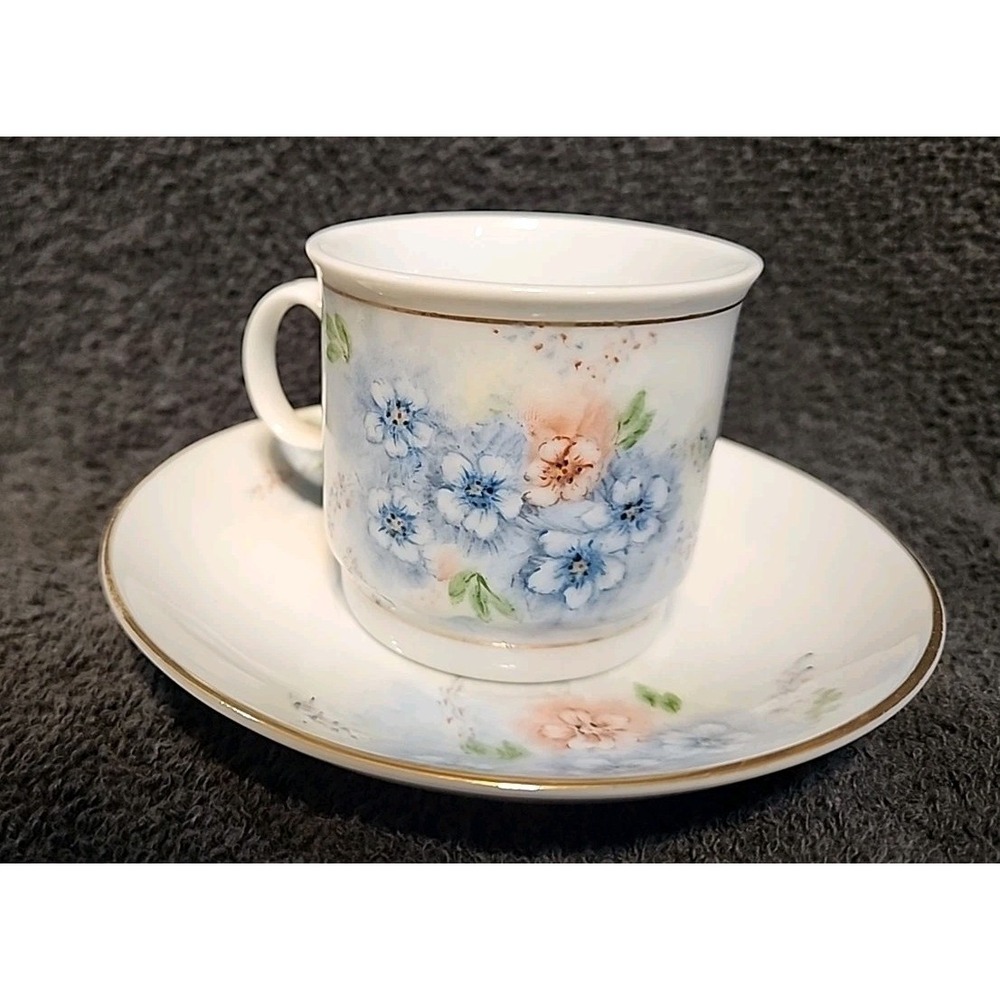 Vntg Cup & Saucer Hand Painted Liling China Blue & Pink Flowers  Dated 1986